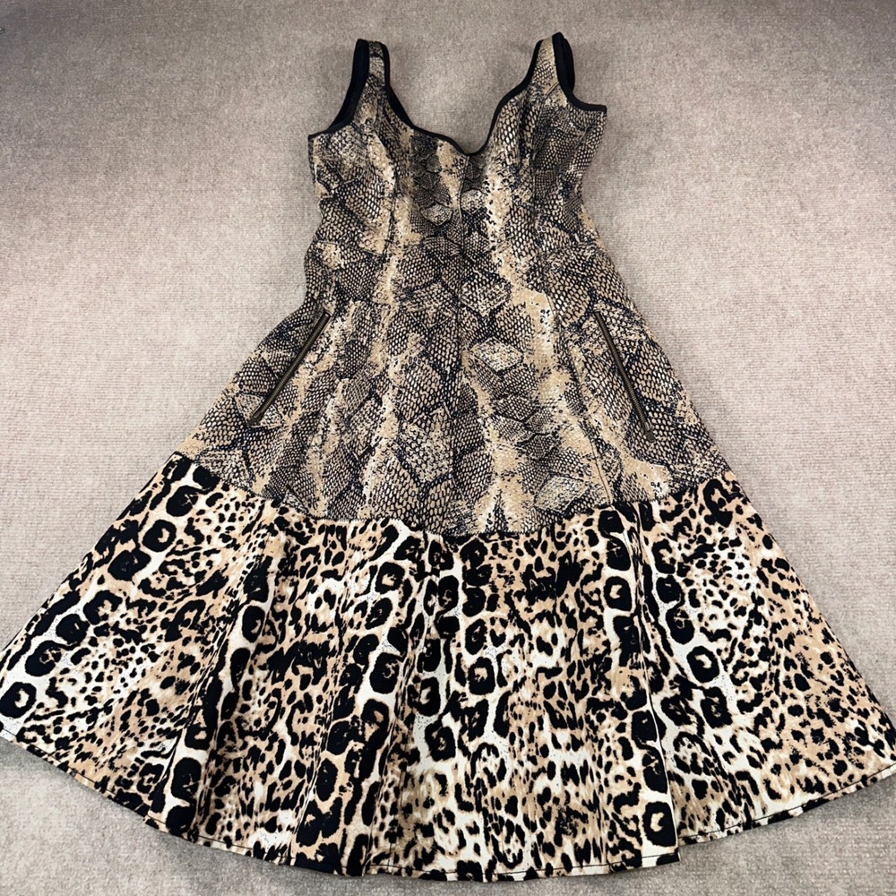 Tracy Reese AnimalPrint Autumn WeddingGuest Fit and Flare Dress Tan Black Size 8